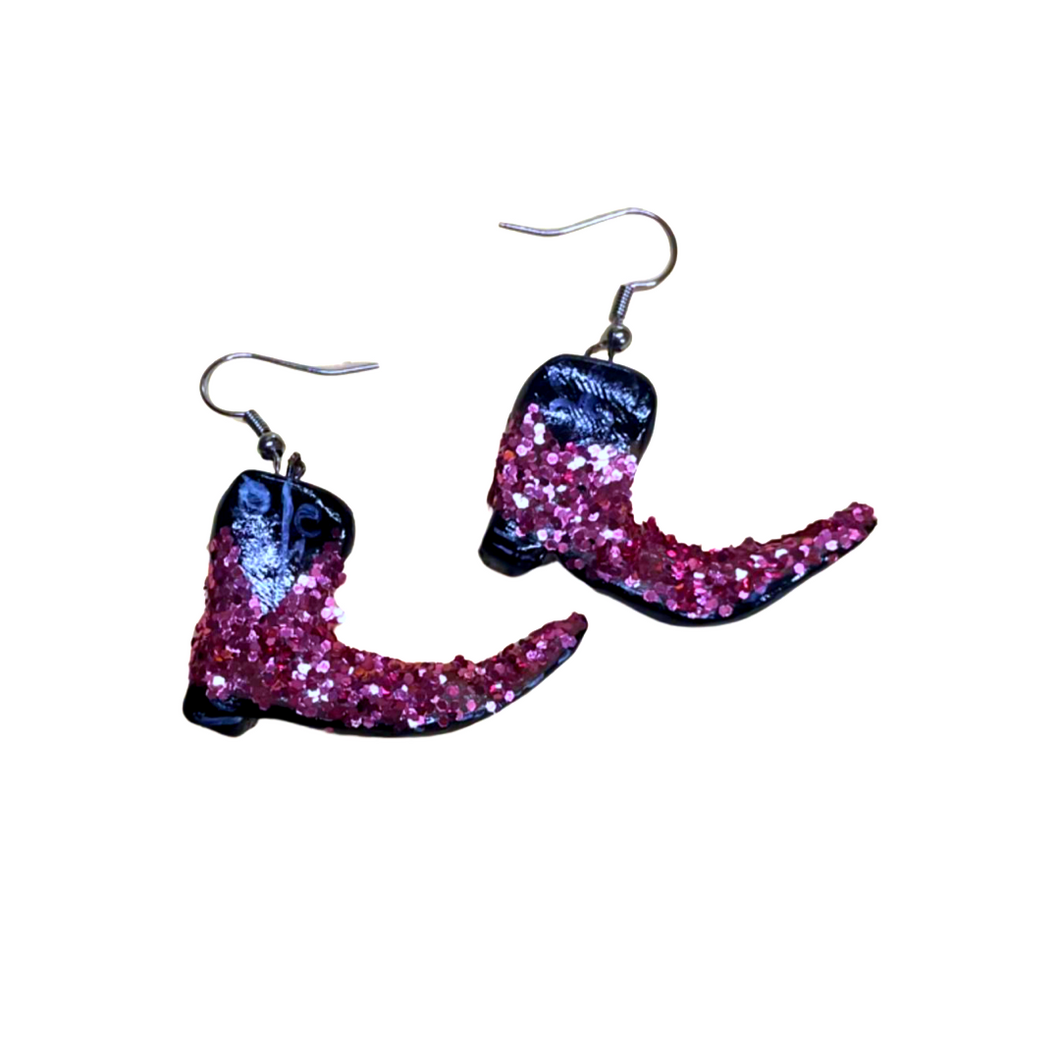 Pink glitter bota earrings